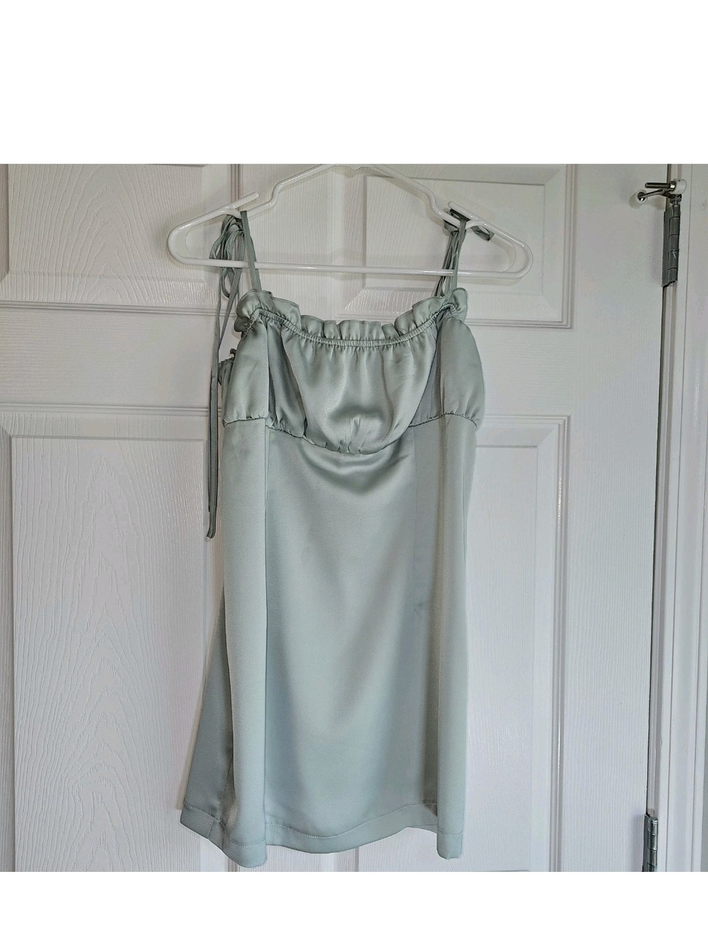 Satin Mini Slip Dress Spaghetti Straps Ruffle Bust Bias Cut Sage Green Slit M